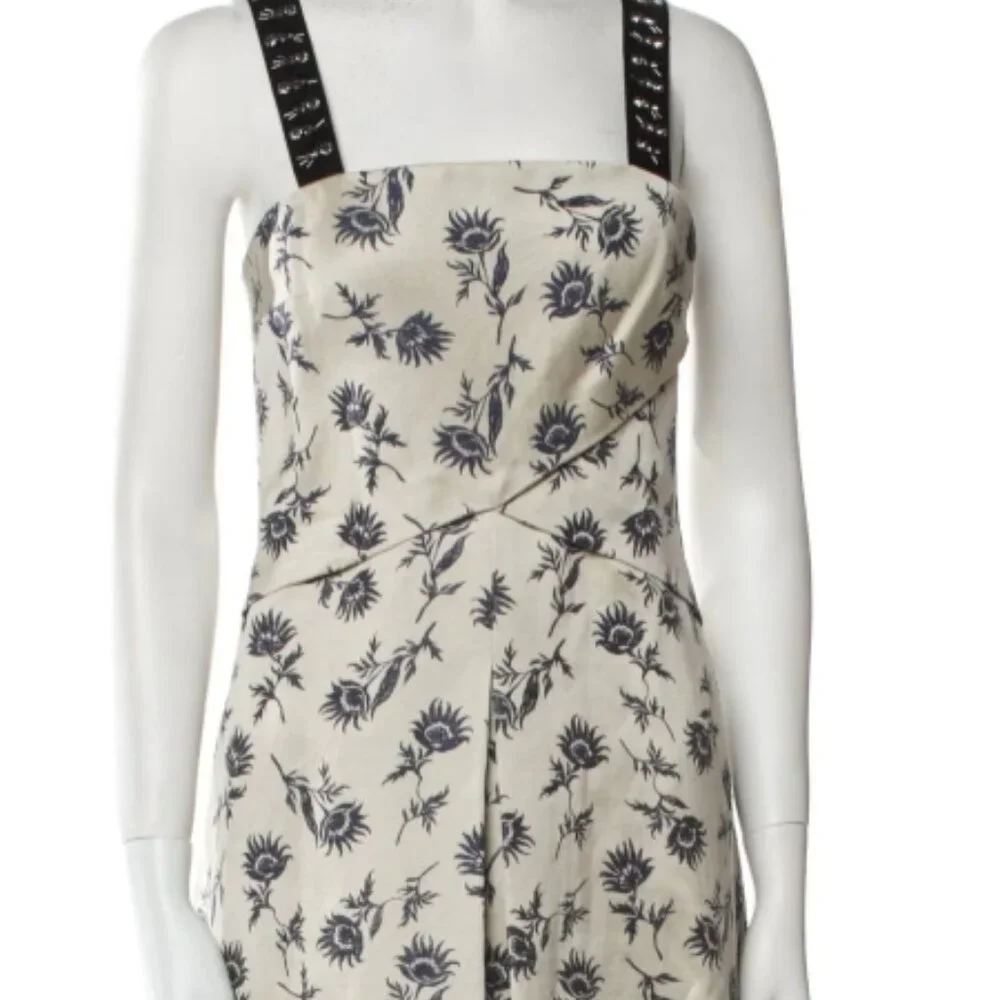 NWOT TORY BURCH Grey Blue Linen-blend Floral A-Line Midi Dress XS $495